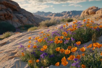 Vibrant wildflowers bloom amidst desert rocks