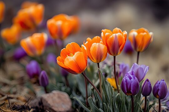 Vibrant orange and purple tulips in spring bloom - Powered by Adobe