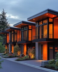 Fototapeta premium Modern townhouses with warm lighting at dusk showcasing contemporary architecture and landscape design creating inviting urban living space
