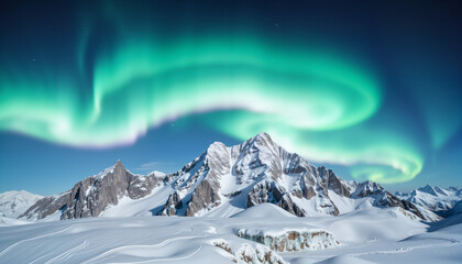Snowy mountain peak with aurora borealis, icy tranquility
