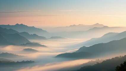 Obraz premium Stunning landscape of misty mountains at sunrise, showcasing calm pastel hues and serene natural beauty.