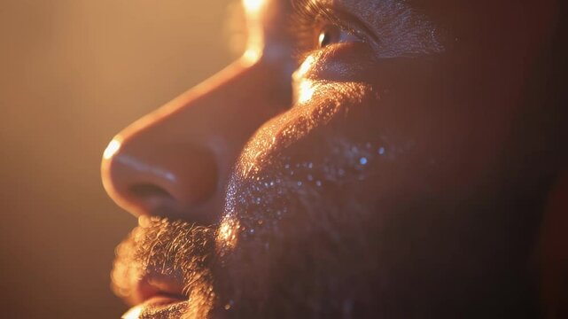 A closeup of a politicians face reveals determination sweat glistening on their forehead as they vow to improve healthcare access. The ambient lighting highlights their expressive features