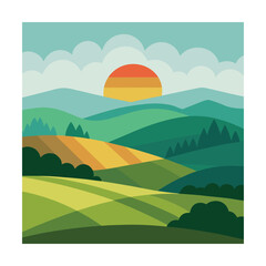 Obraz premium Colorful illustration of a scenic countryside landscape at sunset.