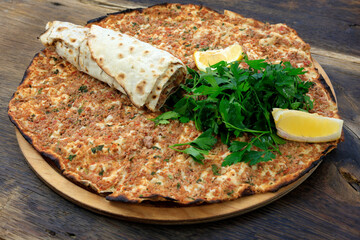 Lahmacun Turkish food pide on wooden	