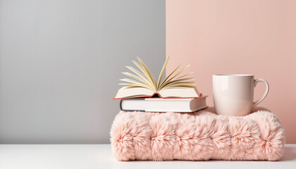Cozy blanket with book and mug, gradient background comfort