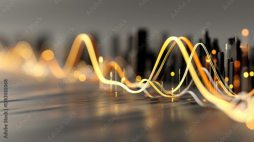 Poster futuristic data visualization with glowing lines and cityscape background, symbolizing analytics and