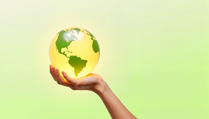 Hand Holding Glowing Globe on Green Gradient, Environmental Concept