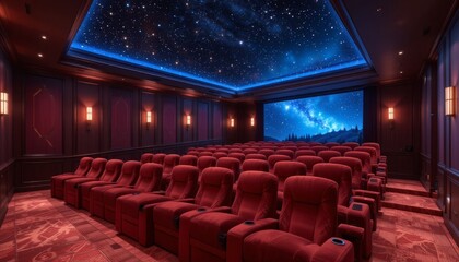 Luxury Home Theater with Red Recliner Seats and Starry Night Sky Ceiling