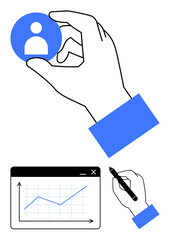 Hand holding user profile icon, drawing a rising line graph on a tablet. Ideal for teamwork, business growth, user management, data analysis, marketing, networking, flat simple metaphor