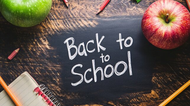 Back to school theme with apples, pencils, and the phrase back to school on a blackboard
