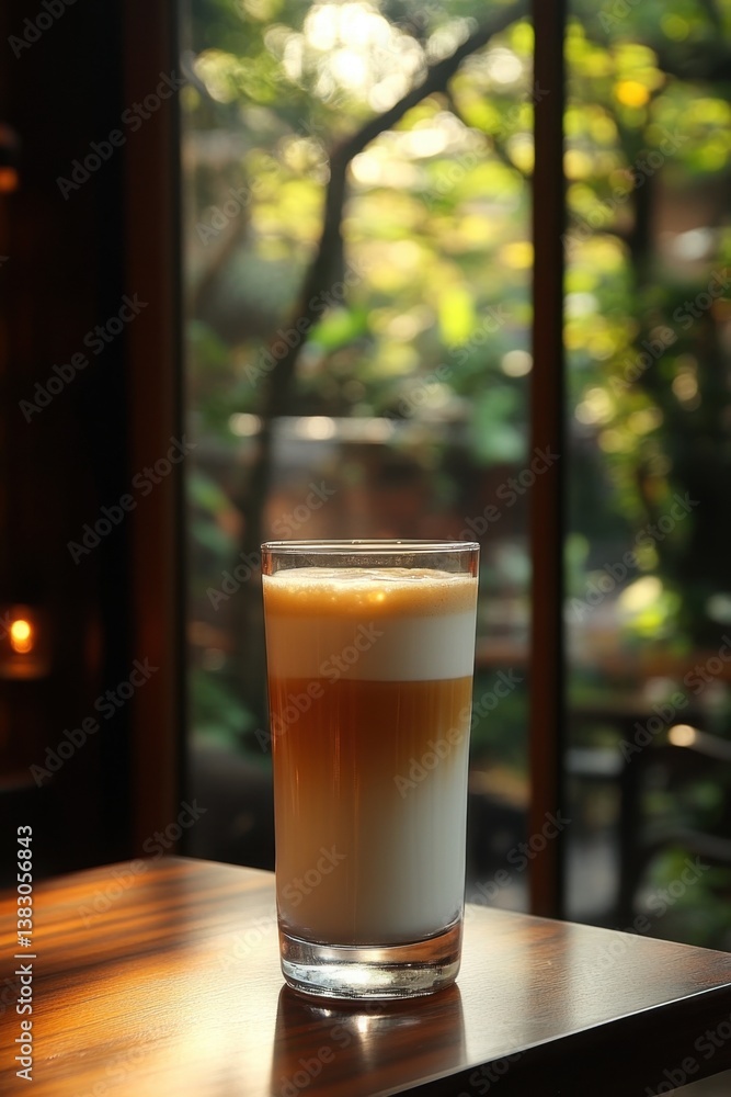 Poster refreshing latte in glass on wooden table capturing morning sunlight and garden view creating a cozy