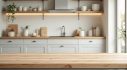 Fototapeta premium A clean wooden kitchen table with a sharp focus in the foreground, with a modern minimalist kitchen faintly visible in the background.