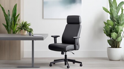 Modern black ergonomic office chair positioned beside a sleek desk with greenery in a bright room