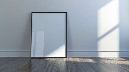 An A4 frame leaning against the wall on parquet floor. Sunlight flooding. Empty picture frame mockup