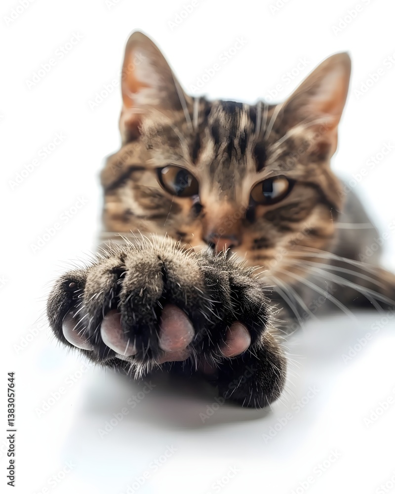 Poster close-up of a playful cat extending its paw towards the camera, with a soft white background