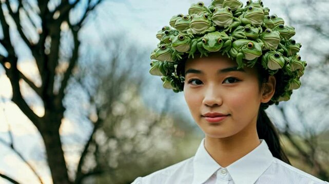 Unique frog hat fashion showcased in a serene outdoor setting with a model featuring an eclectic hairstyle