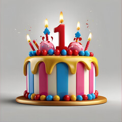 Obraz premium 1st birthday cake cartoon 3d isolated on transparent white background
