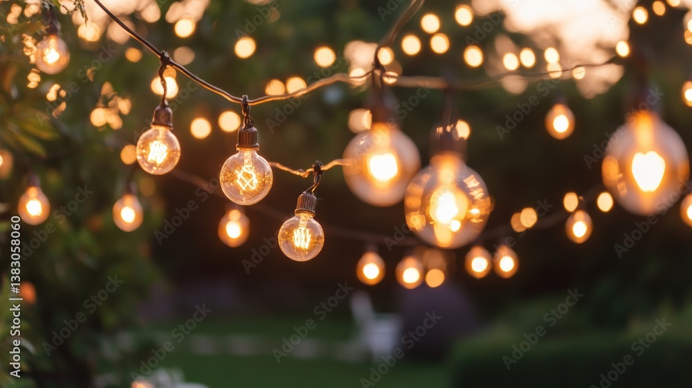 Poster a cozy outdoor scene featuring string lights illuminating a garden, creating a warm and inviting atm