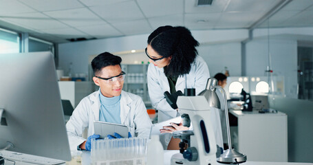 Lab, science and people on tablet for meeting with medical research, discussion and teamwork....