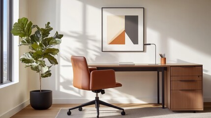 Modern office workspace featuring a stylish desk, leather chair, and potted plant by the window