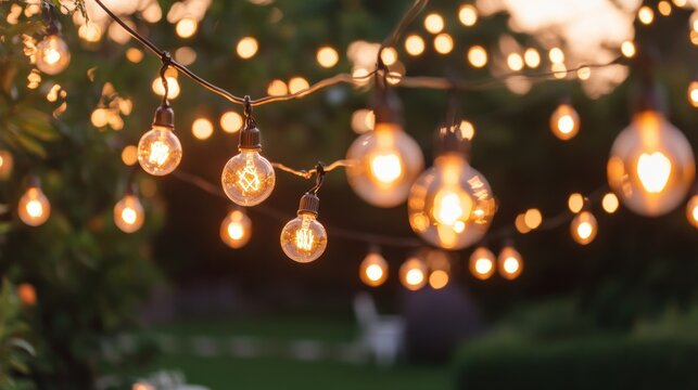 A cozy outdoor scene featuring string lights illuminating a garden, creating a warm and inviting atmosphere during twilight.