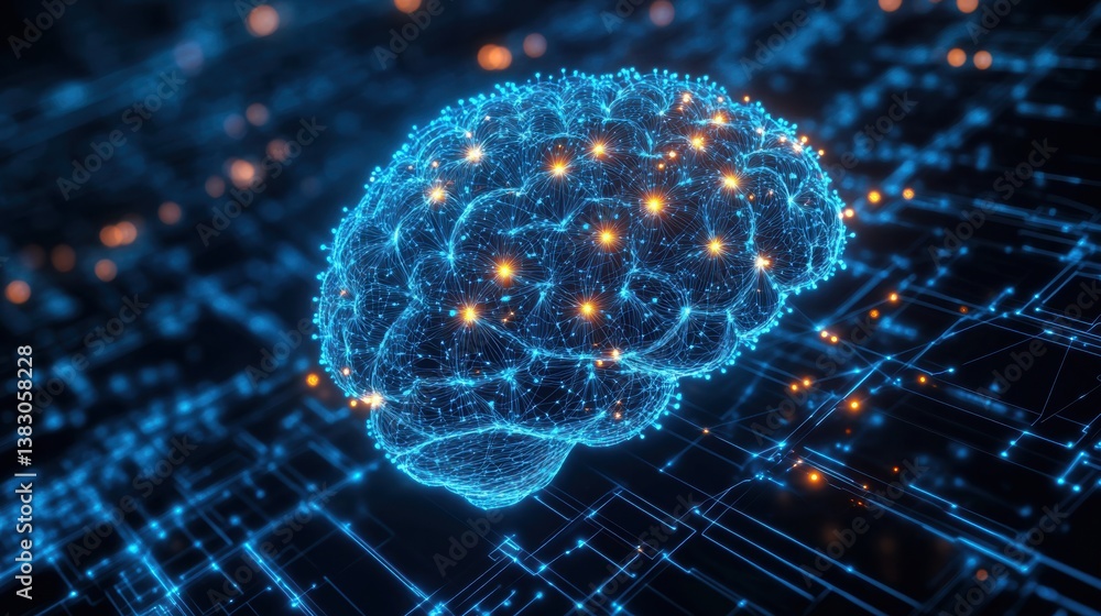 Poster a digital representation of a brain, illuminated with blue and orange lights, set against a backdrop