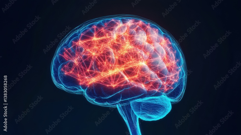 Poster a vibrant, digital representation of a brain, showcasing intricate neural connections with glowing l