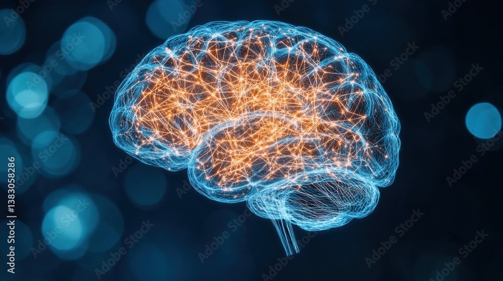 Poster a digital representation of a human brain, showcasing interconnected neural networks with glowing li