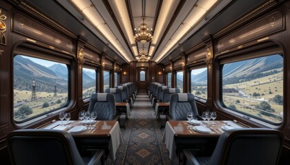 Luxury Train Car Interior with Mountain Views
