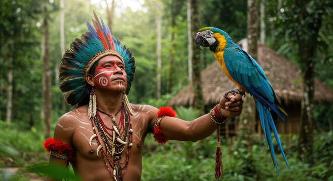 Amazonian Beauty: Indigenous Man with Macaw in Lush Rainforest - Culture, Wildlife, Nature