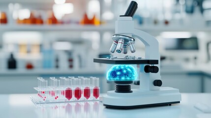 A modern microscope displays vibrant blue and red elements, surrounded by test tubes in a bright laboratory setting.