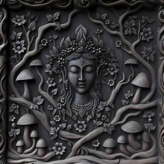 Fototapeta premium a mythical creature, such as a forest spirit or woodland deity, with intricate details like vines, mushrooms, or flowers growing from it