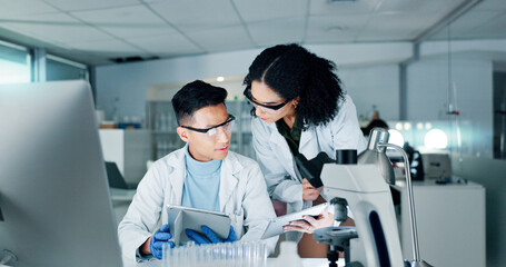 Lab, science and people with microscope and tablet for medical research, meeting and teamwork....