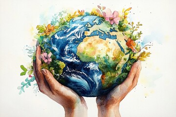 A captivating watercolor painting of a hand holding a flower-covered Earth, perfect for Earth Day campaigns, environmental awareness, or eco-friendly design projects.