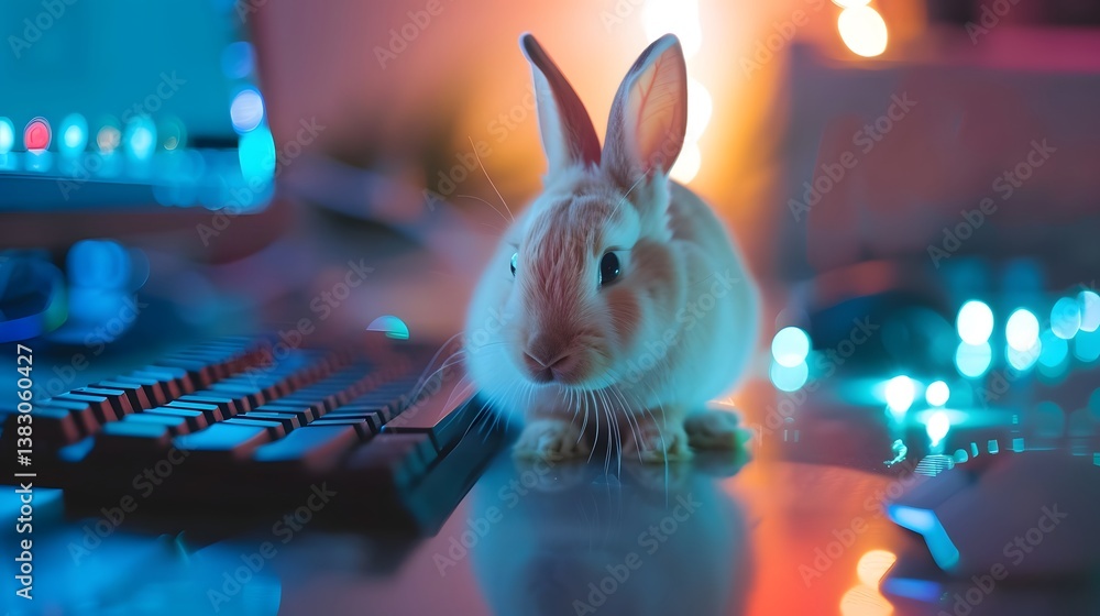 Poster a fluffy white rabbit curiously exploring a colorful workspace with glowing lights and a keyboard