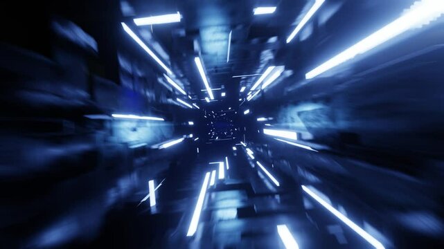 Flight in abstract sci-fi tunnel seamless loop. Futuristic VJ motion graphics for music video, EDM club concert, high tech background. Time warp portal, lightspeed hyperspace concept. 4k 3D animation.
