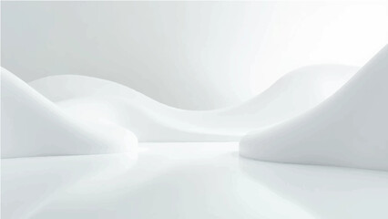 A minimalistic abstract background with smooth, flowing white curves and light reflections. The scene features a clean, futuristic style with a glossy floor that reflects soft, dynamic wave-like shape