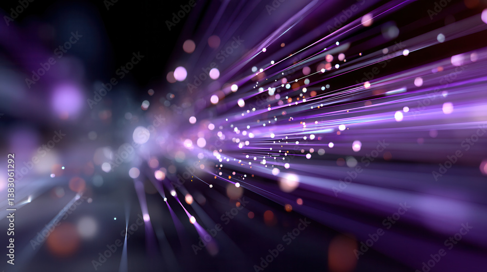 Poster futuristic display of purple light streaks and glowing particles, creating dynamic and vibrant abstr