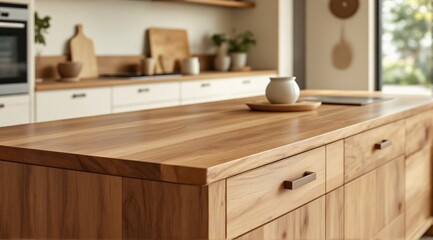 A clean wooden kitchen table with a sharp focus in the foreground, with a modern minimalist kitchen faintly visible in the background.