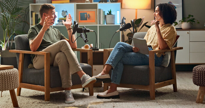 Man, woman and podcast with mic, discussion and home studio with smile for live stream on social media. People, happy and interview with conversation, story or gossip for internet culture on web show