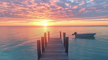 Obraz premium Tranquil sunset over calm ocean, small boat at wooden dock