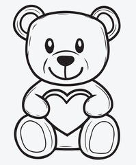 Obraz premium A Heartwarming Outline of a Teddy Bear Holding a Heart, a drawing of no color, children coloring books and illustrations, Vector EPS, transparent background, minimalist line art.