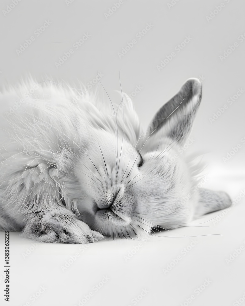 Poster soft and fluffy white rabbit sleeping peacefully on a smooth surface with a serene background