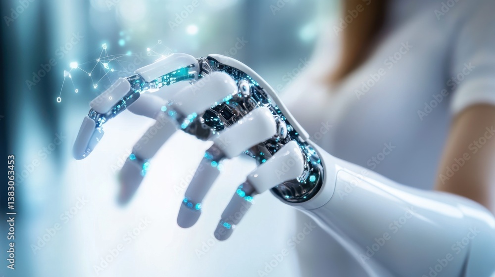Poster futuristic robotic hand extending towards a glowing network, embodying technological advancement and