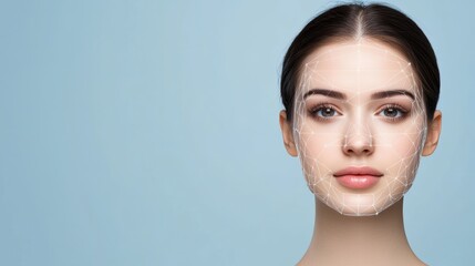 A digital representation of a woman's face with geometric patterns overlay, illustrating facial recognition technology and beauty.