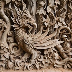 a mythical creature, such as a forest spirit or woodland deity, with intricate details like vines, mushrooms, or flowers growing from it