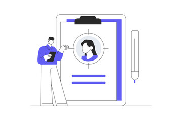 Hr manager presenting potential job candidate. Recruitment process. Human resource management and hiring concept. Flat Cartoon Vector Illustration, icon. Stylish abstract design web