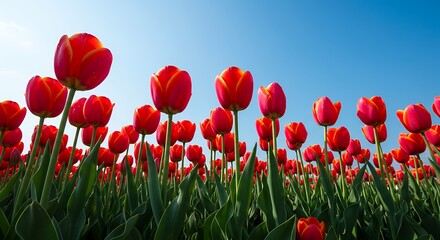 Fototapeta premium Red Tulips Field, Spring Flowers, Bright Sky, Low Angle View AI Generated