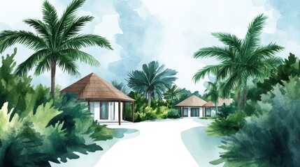Fototapeta premium A serene watercolor scene featuring tropical huts surrounded by lush greenery and palm trees on a winding pathway.