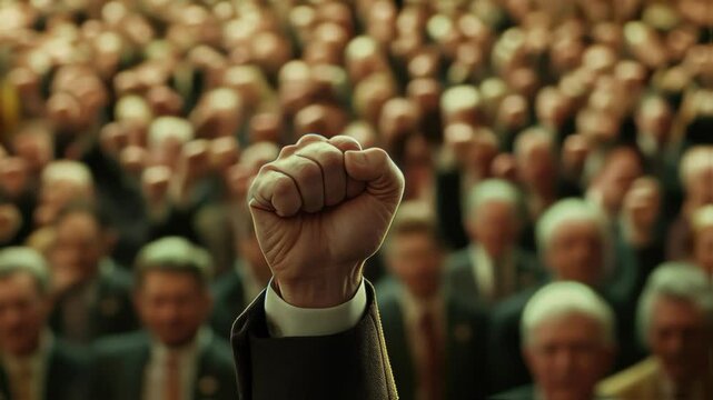 Closeup on the politicians hand forming a fist as a symbol of resolve highlighted by the enthusiastic crowd behind them. The dynamic background shows a sea of faces all eagerly listening